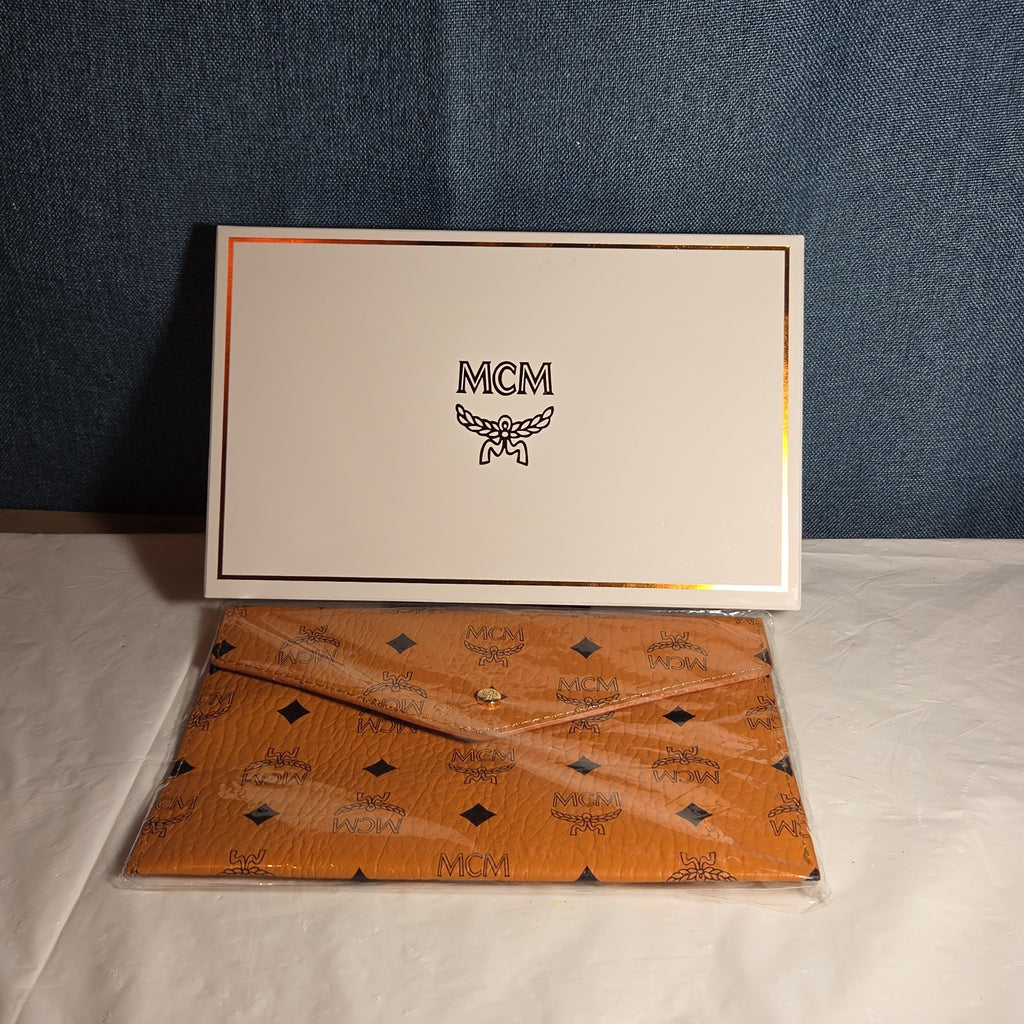 MCM Visetos Envelope Pouch Cognac Monogram Beauty Clutch NIB 200838