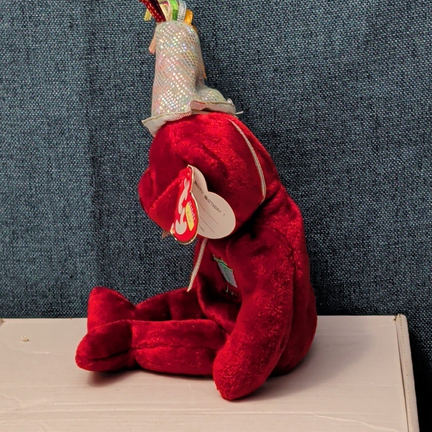 ​Ty Beanie Baby JULY Birthday Bear 2002 Red Teddy Silver Party Hat with Tag