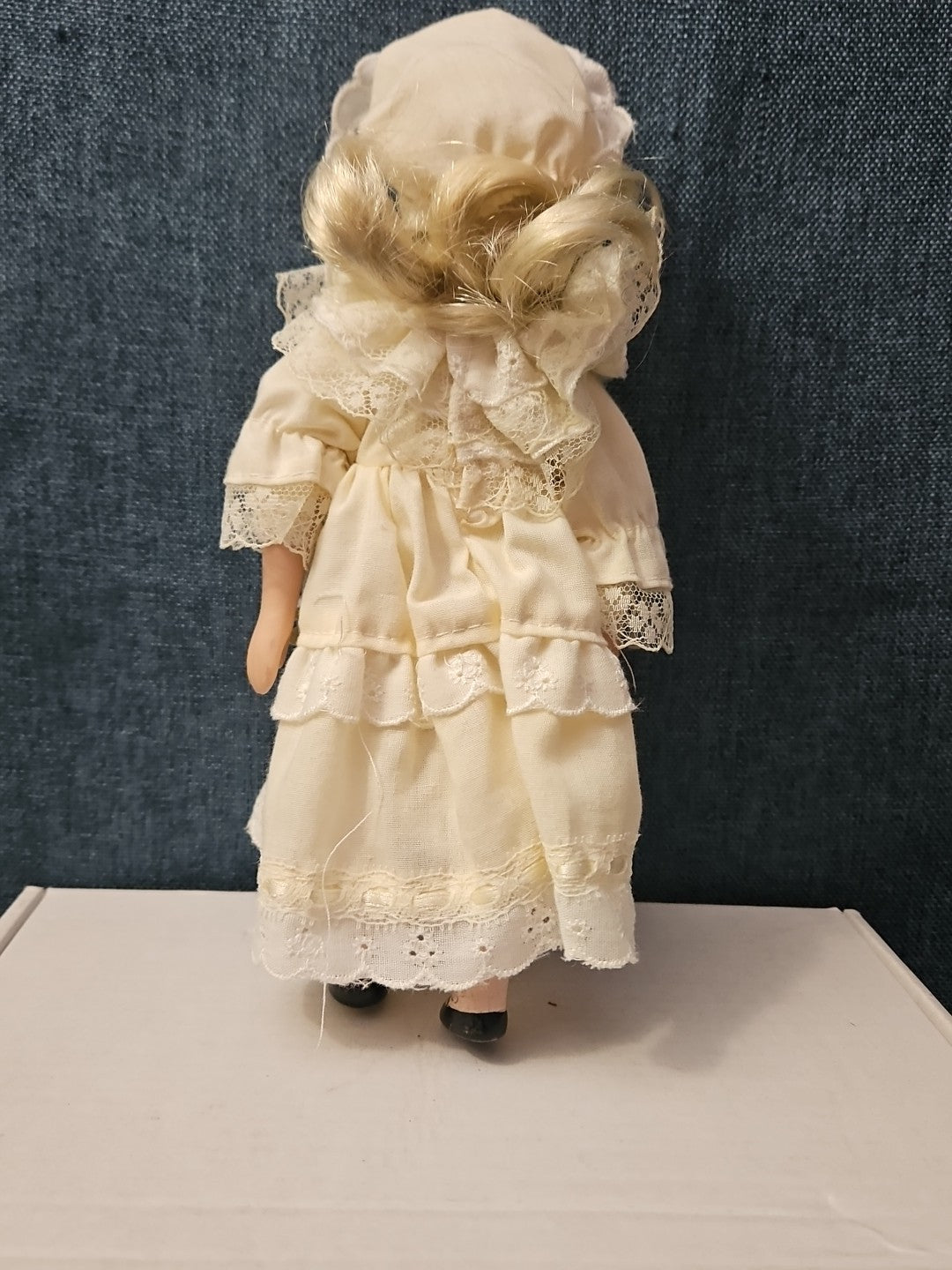 Vintage 8" Porcelain Doll | Blonde with Bonnet & Ruffled Dress