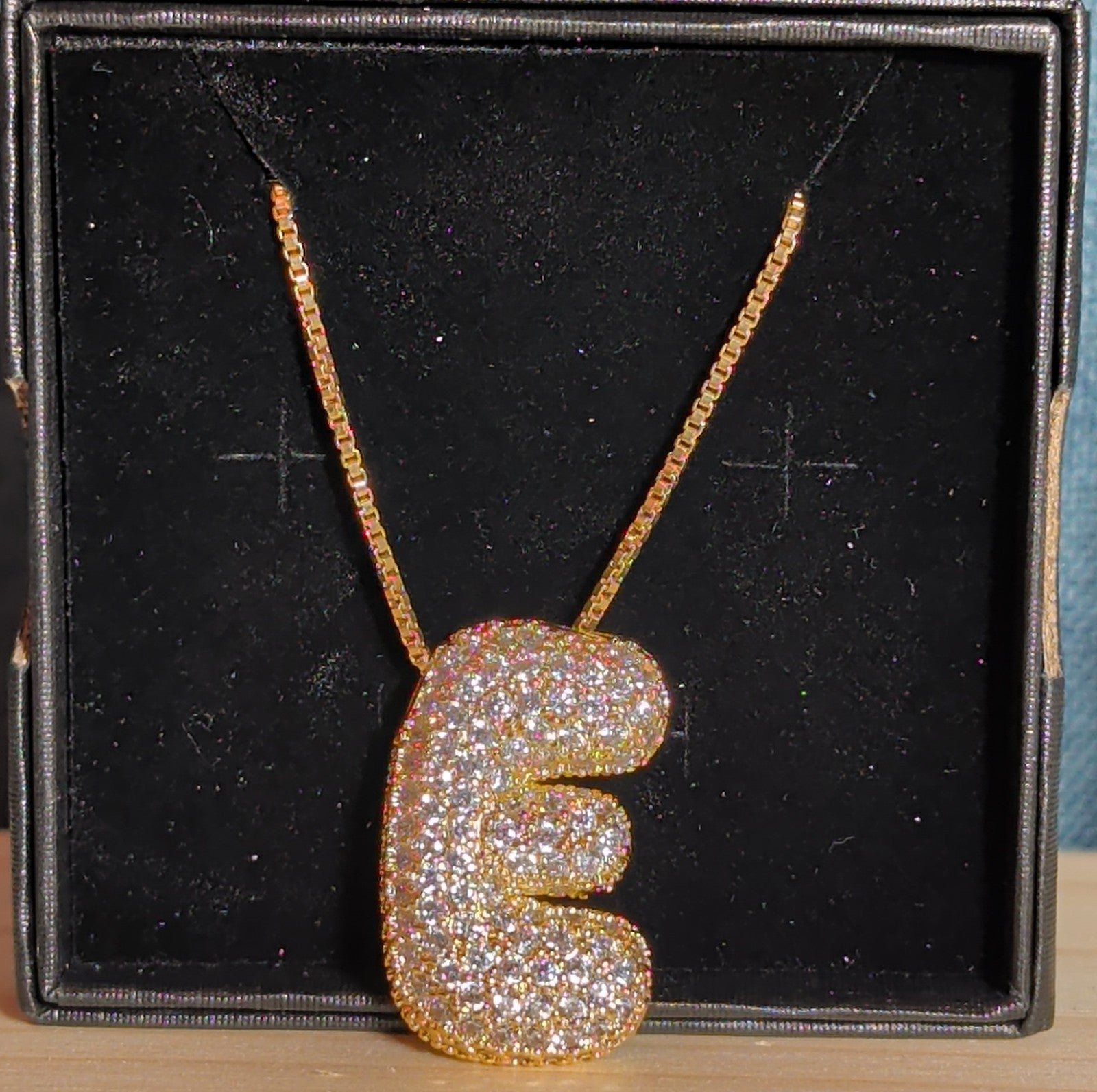 Bubble Letter E Necklace Rhinestone Gold Tone Y2K Vibe