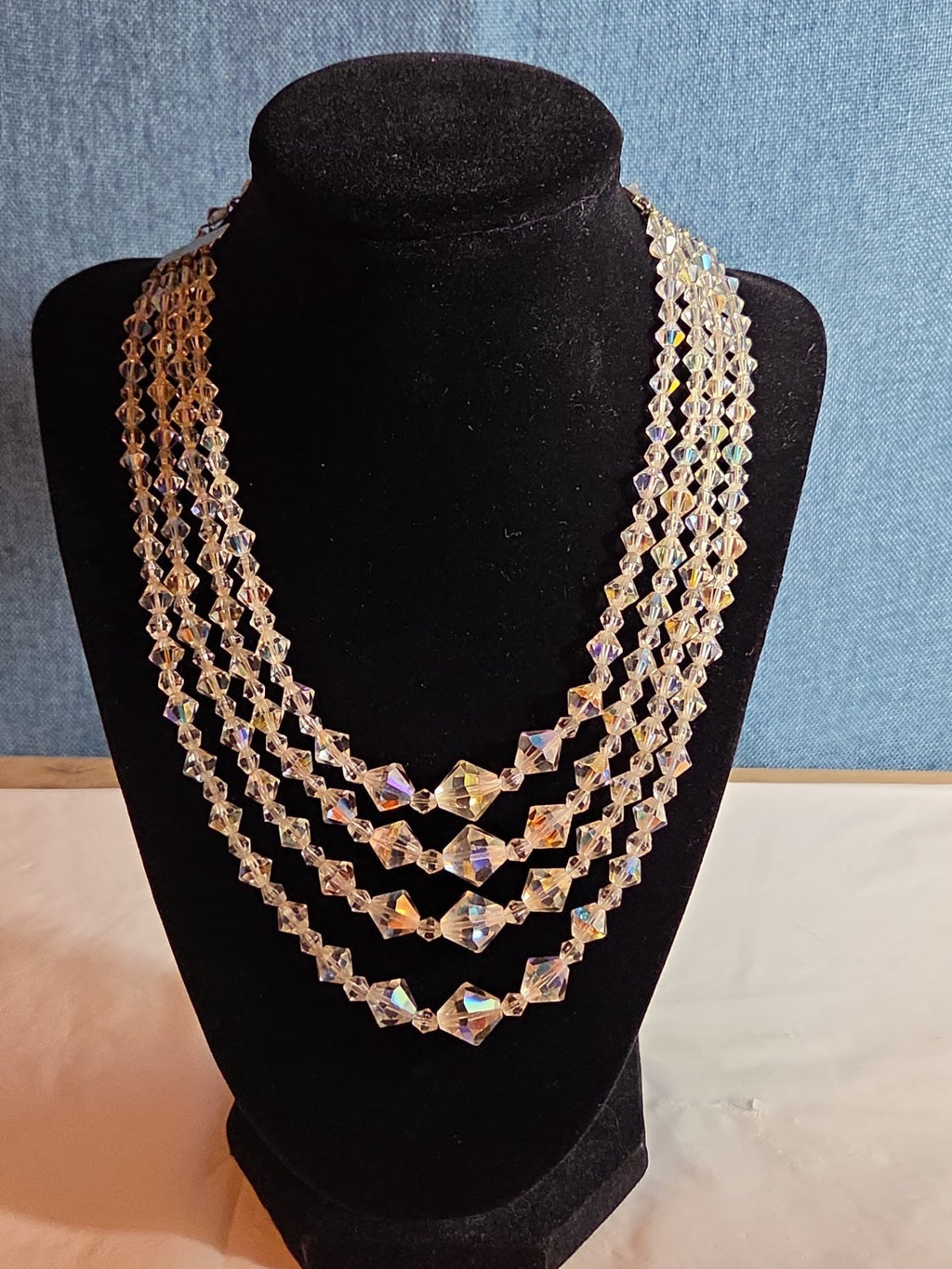Deltah 4-Strand Aurora Borealis Crystal Necklace Vintage Glam