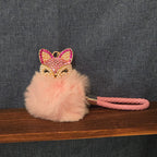 Pink Rhinestone Fox Pom Pom Keychain Charm Braided Strap
