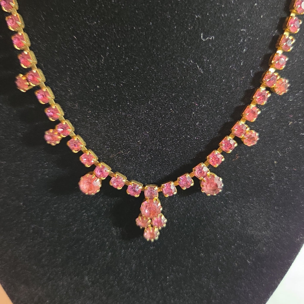 Fringe Necklace Pink Rhinestone Gold Tone Retro Glam