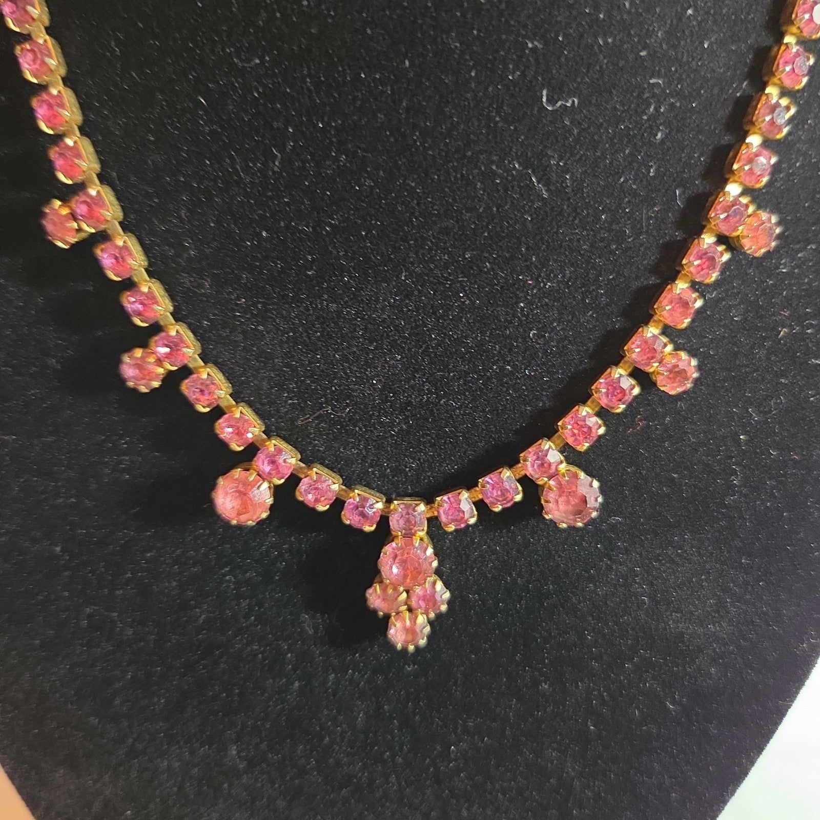 Fringe Necklace Pink Rhinestone Gold Tone Retro Glam