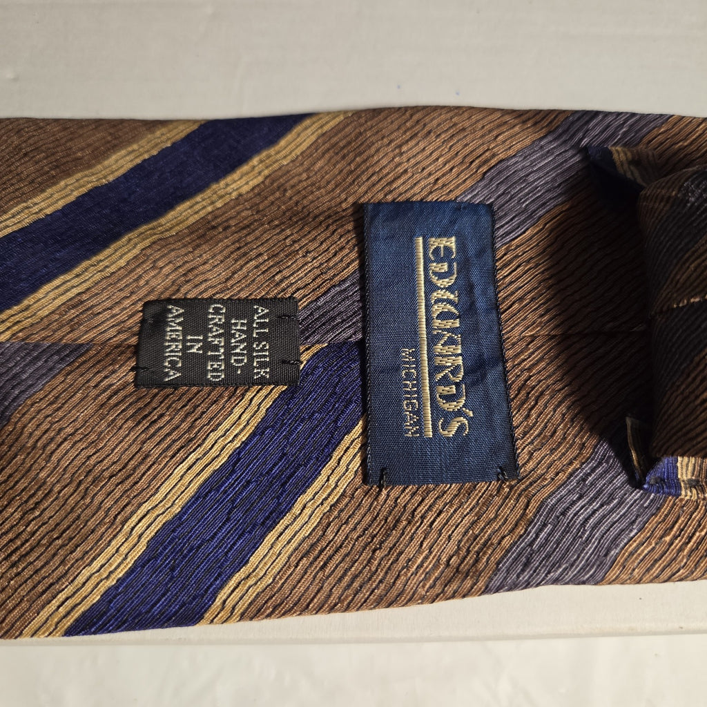J.Z. Richards Silk Tie Edwards Michigan Brown Blue Stripe Frayed As Is Vest Tie