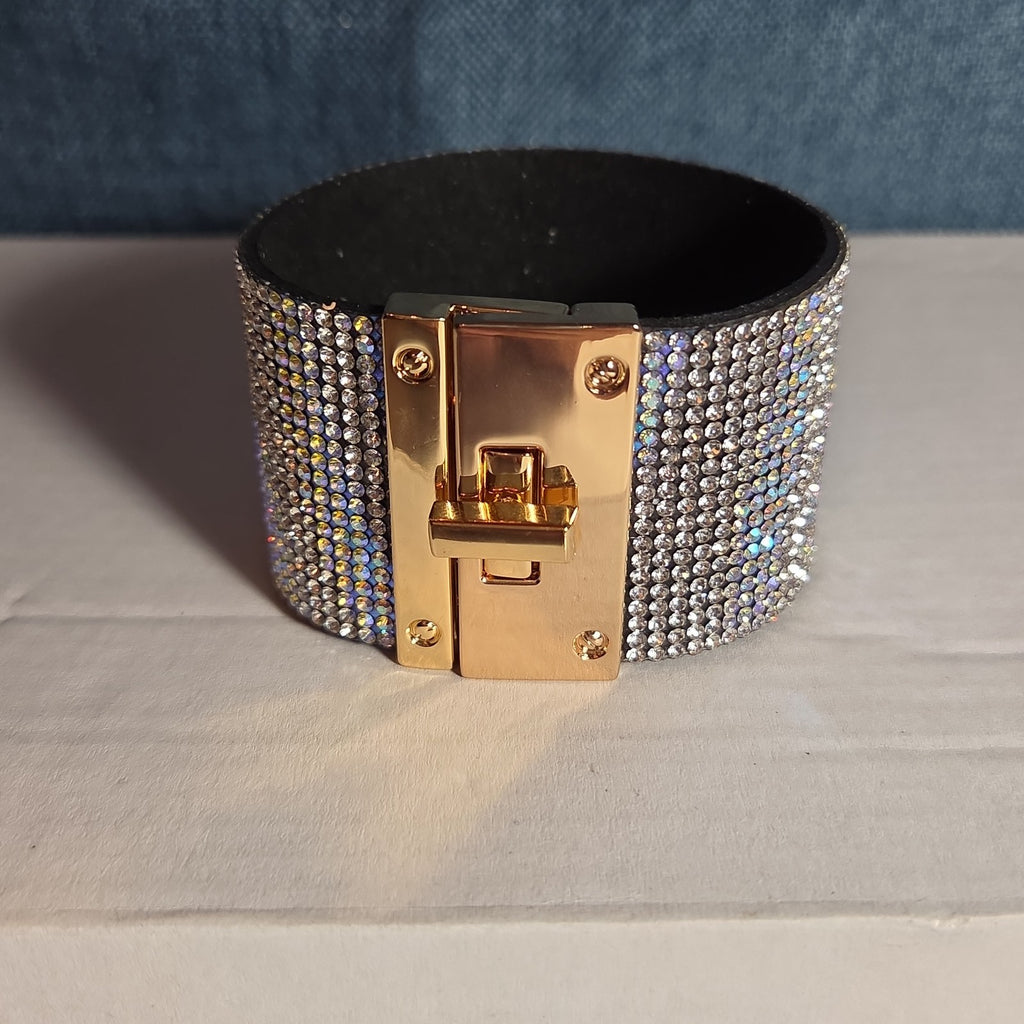 Rhinestone Wide Cuff Bracelet AB Crystal Gold Tone Y2K Glam Style NWOT