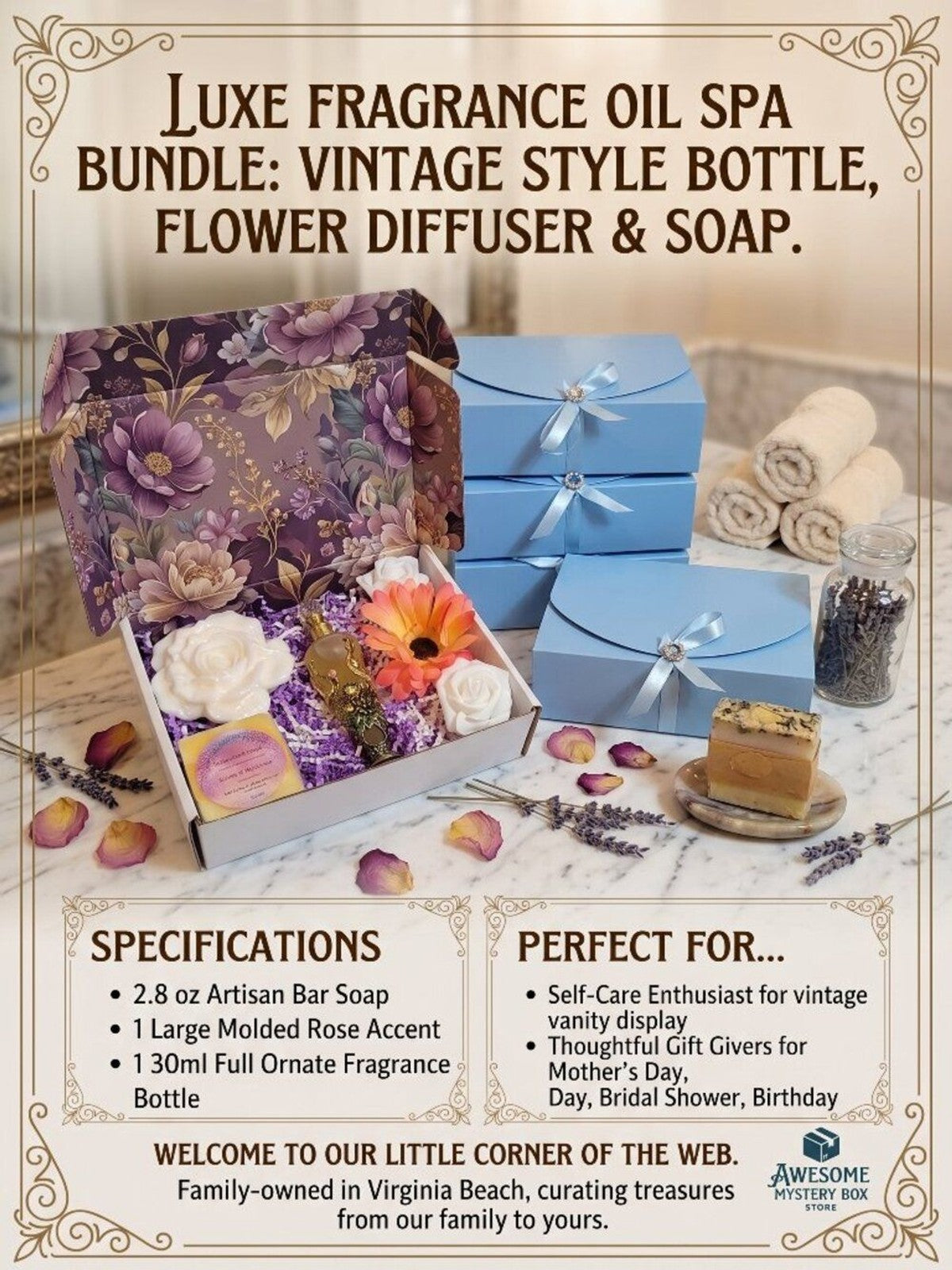 Luxe Fragrance Oil Spa Bundle 30ml Vintage Glass Bottle, Flower Diffuser & Soap