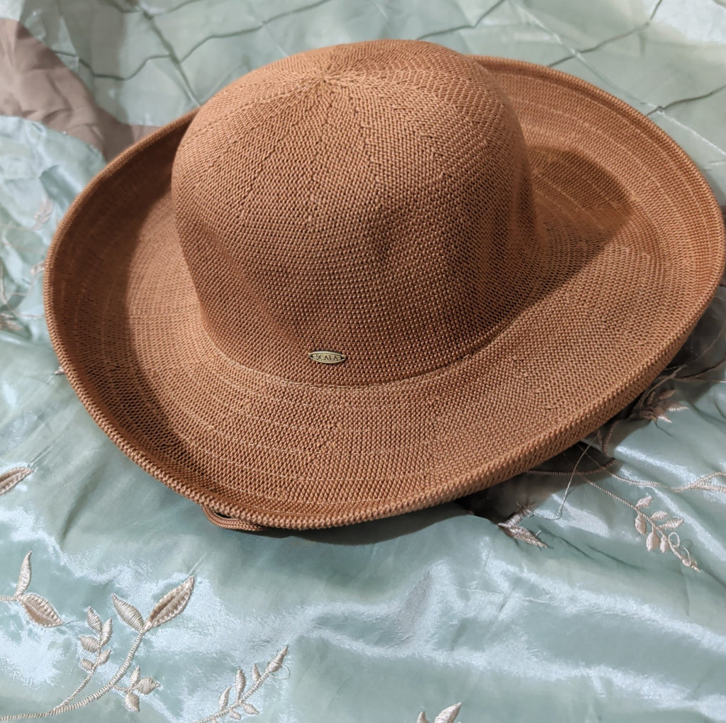 Scala Wide Brim Floppy Sun Hat Brown Acrylic Woven Packable Travel Retro