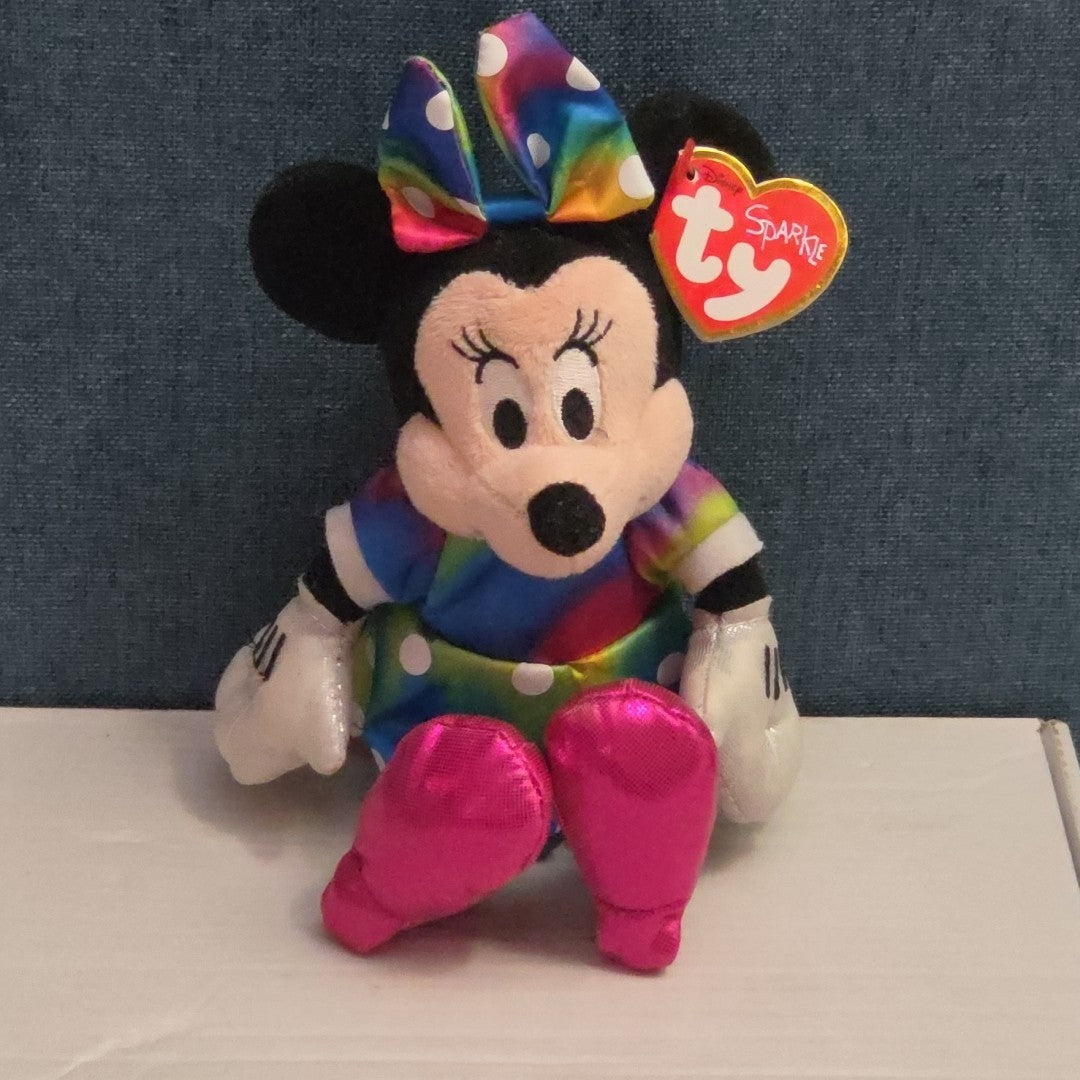Ty Disney Beanie Baby Minnie Mouse Sparkle Rainbow Dress Metallic Pink Shoes