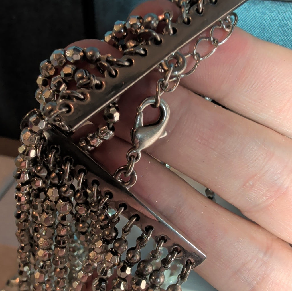 Multi Strand Silver Tone Beaded Statement Necklace Glam