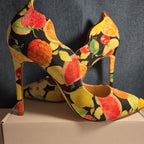 Liliana Fruit Print Pumps 8.5 Scalloped Stiletto Heels Watercolor Fruit Salad