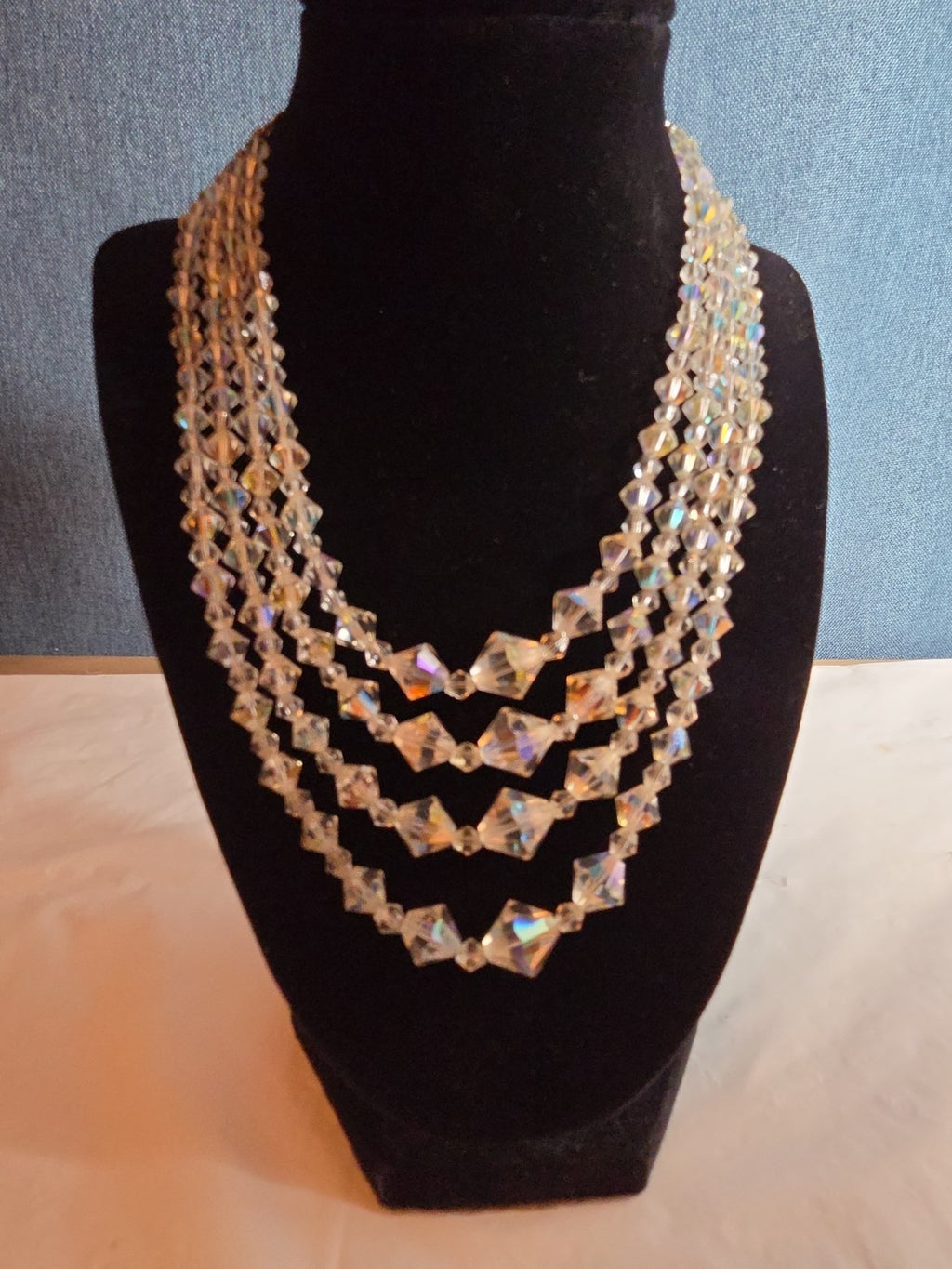 Deltah 4-Strand Aurora Borealis Crystal Necklace Vintage Glam