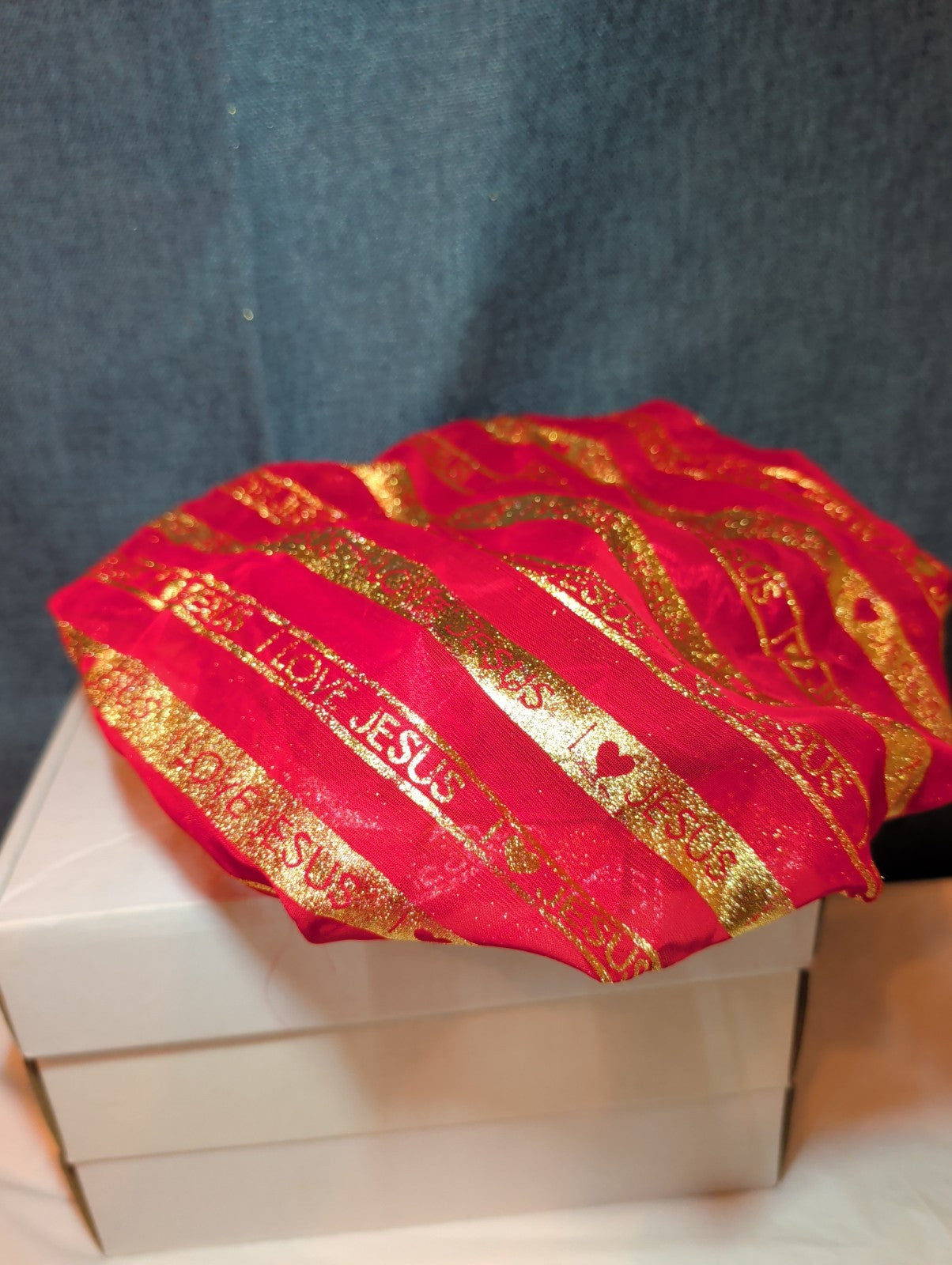 I Love Jesus Satin Hair Bonnet Sleep Cap Red Gold Glitter OS Made in USA