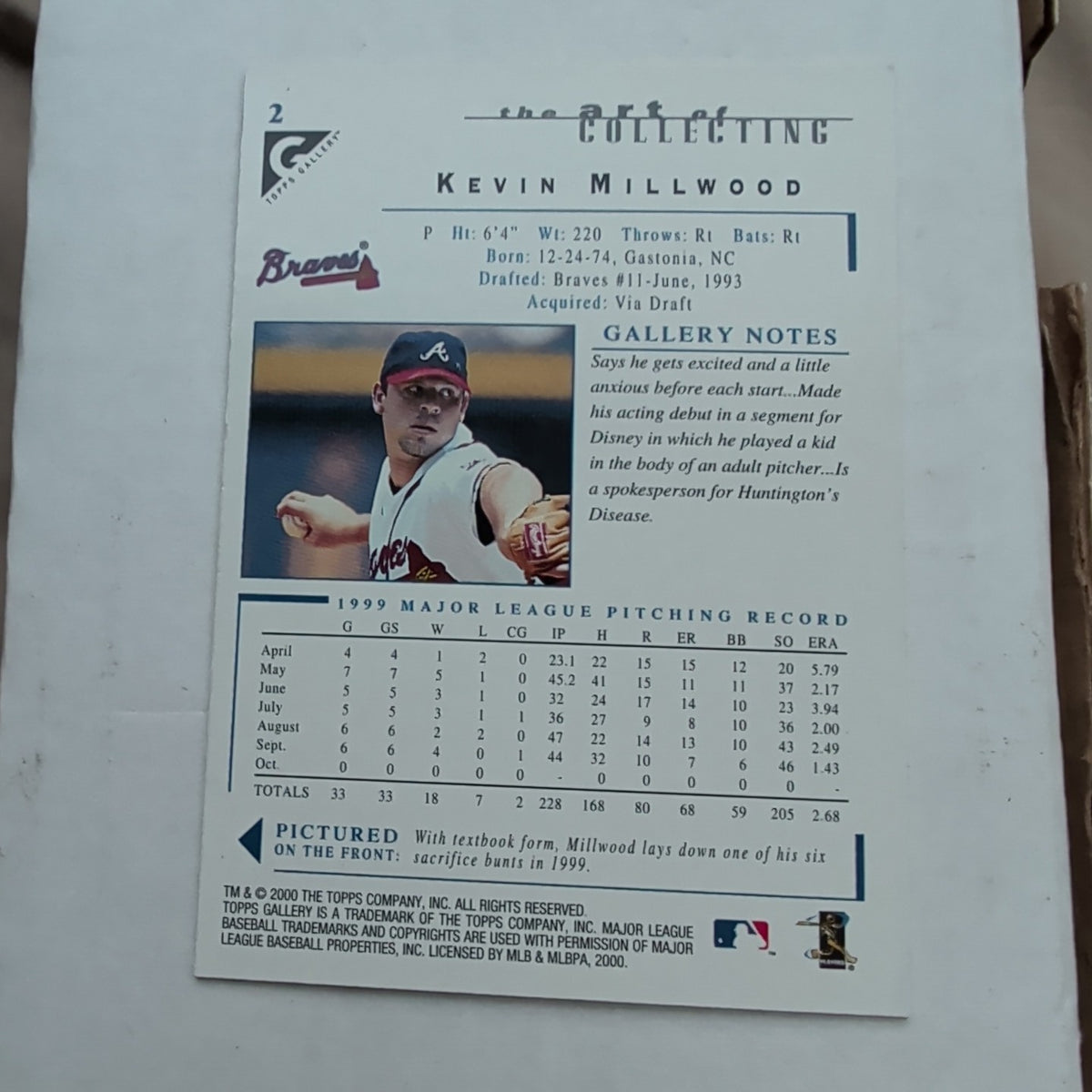 2000 Topps Gallery Kevin Millwood #2 Atlanta Braves Pitcher Canvas Art