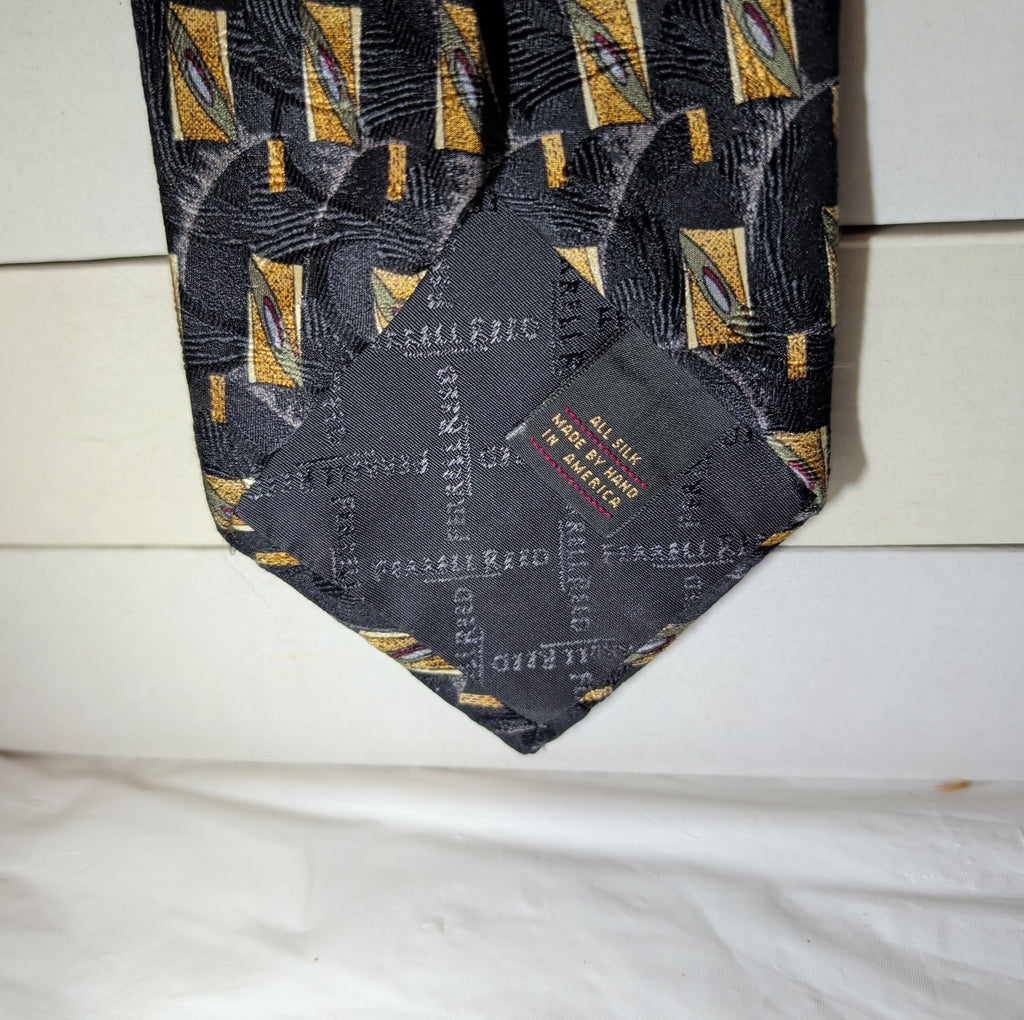 Vtg Ferrell Reed for Edwards Silk Neck Tie Black Gold Geometric Art Deco 59.5