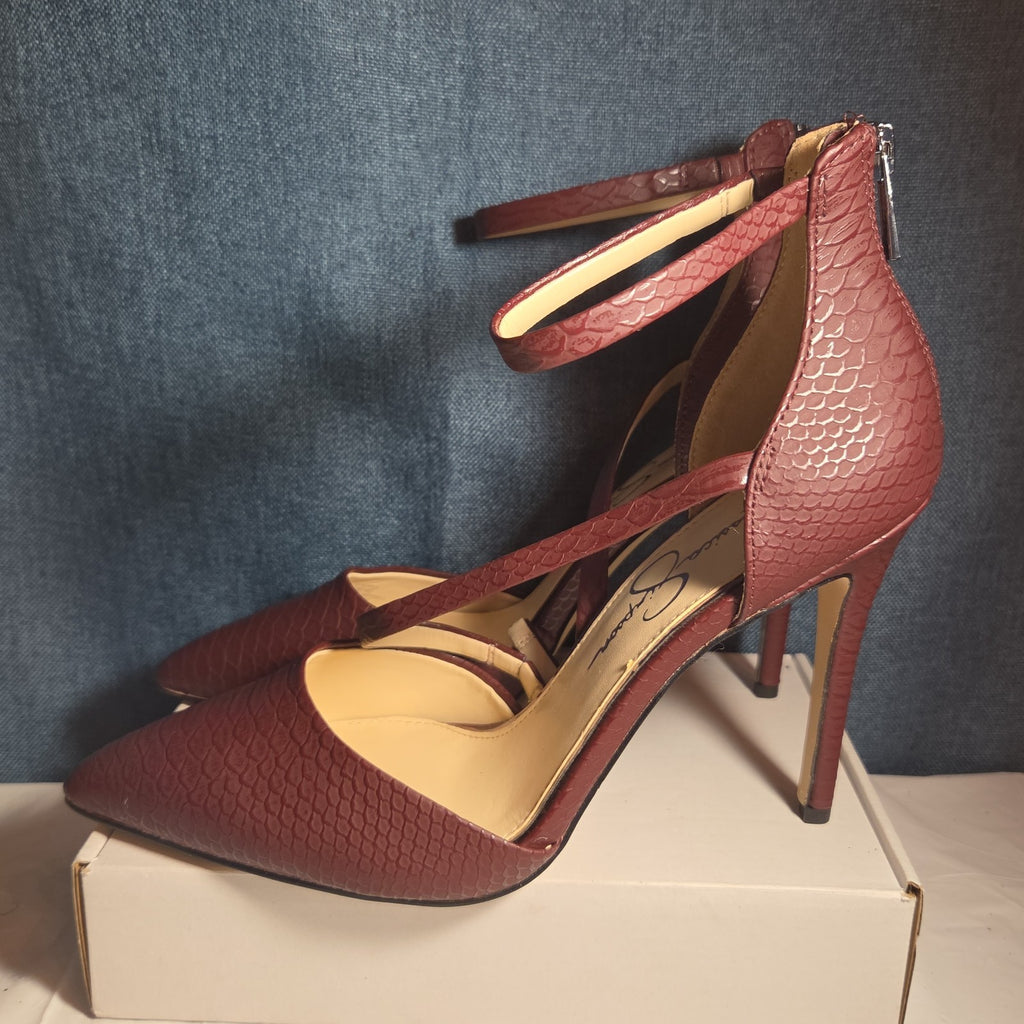 Jessica Simpson Wine Snakeskin Pumps 9M Ankle Strap Pointed Toe Zipper Heels 40