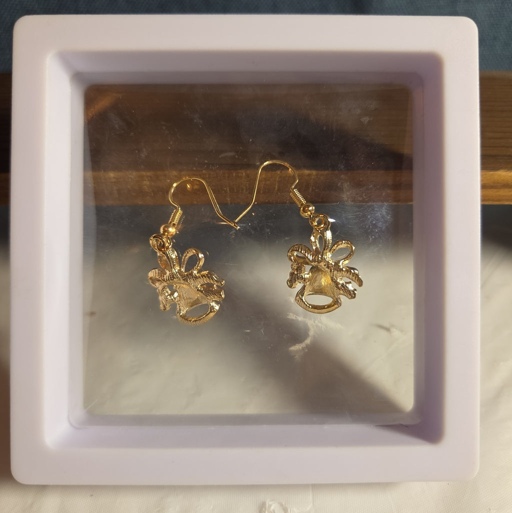 Gold Christmas Bells Drop Earrings 3/4" Red Enamel