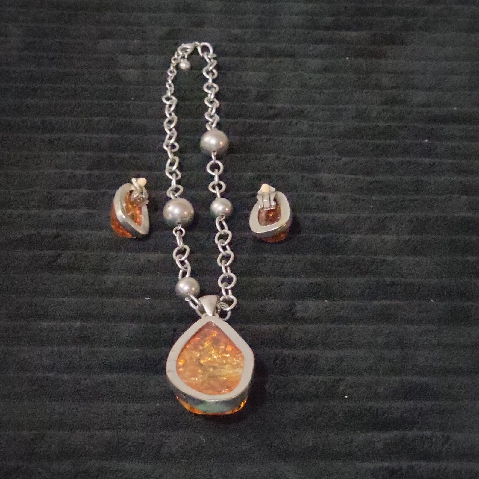 Vintage Faux Amber Necklace Clip On Earrings Set Silver Tone Teardrop Shimmer