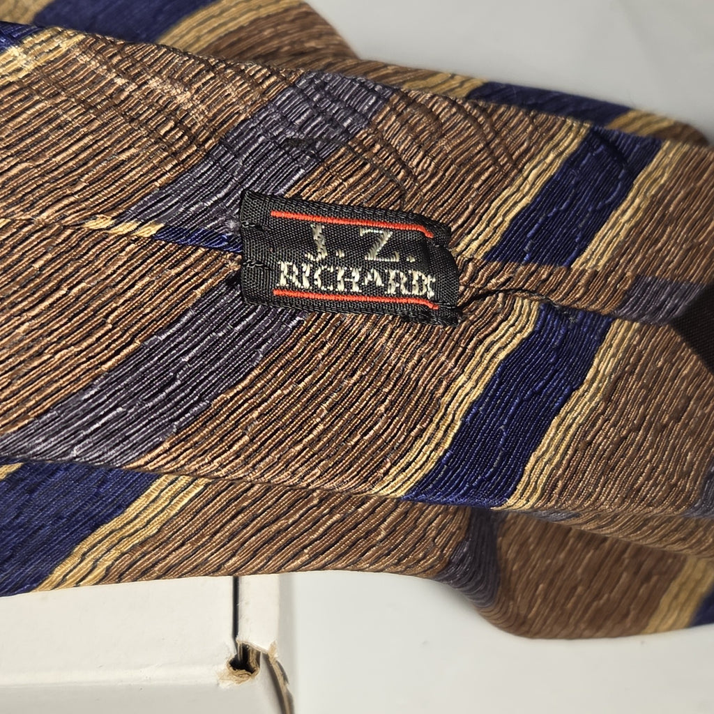 J.Z. Richards Silk Tie Edwards Michigan Brown Blue Stripe Frayed As Is Vest Tie