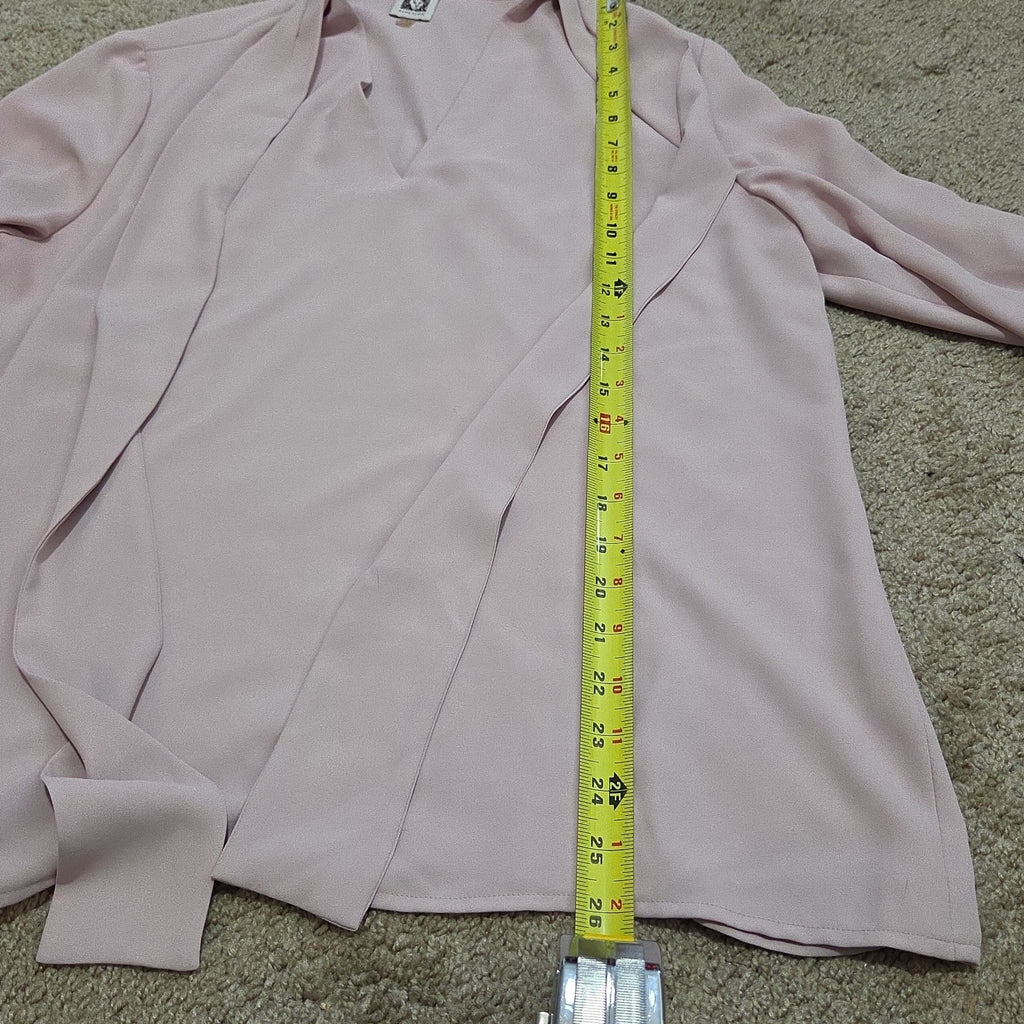 Anne Klein Blouse L Pink Tie Neck V-Neck Long Sleeve Career Top