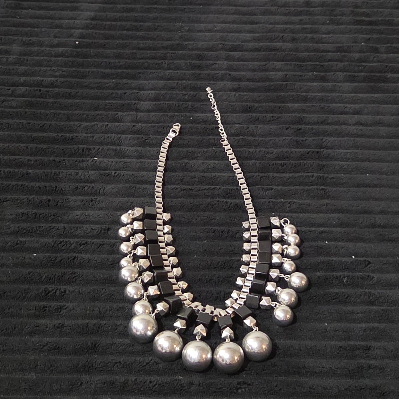 Chunky Silver Bib Statement Necklace Black Cube Cascading Collar Choker Punk Mod