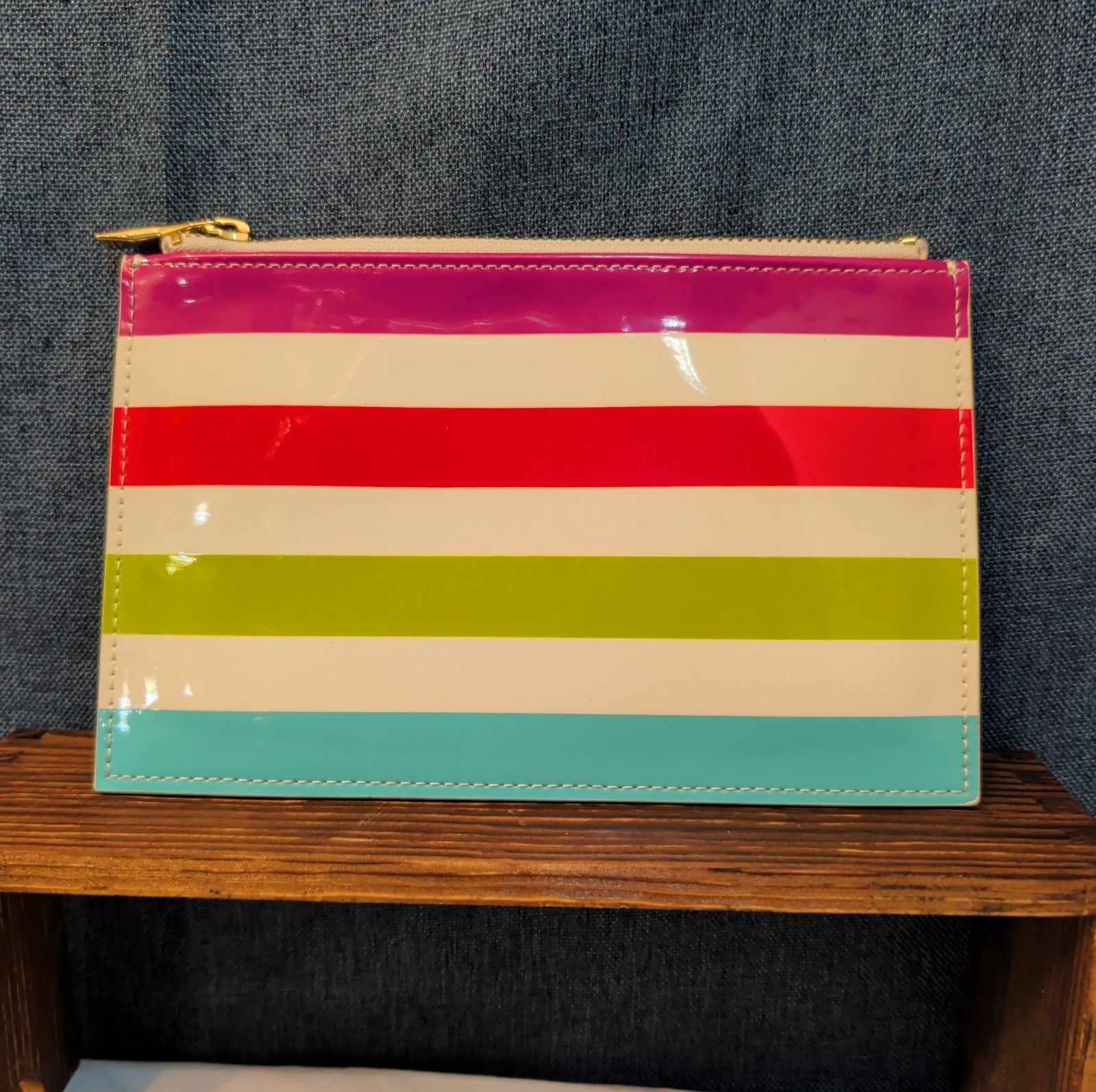 Kate Spade Striped Pencil Case Makeup Pouch Glossy Patent Preppy