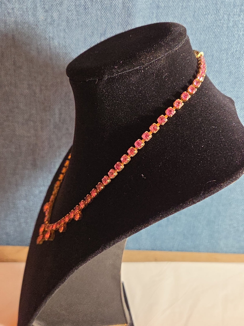 Fringe Necklace Pink Rhinestone Gold Tone Retro Glam