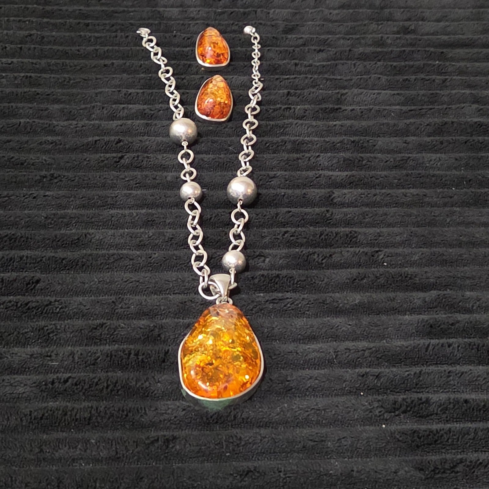 Vintage Faux Amber Necklace Clip On Earrings Set Silver Tone Teardrop Shimmer