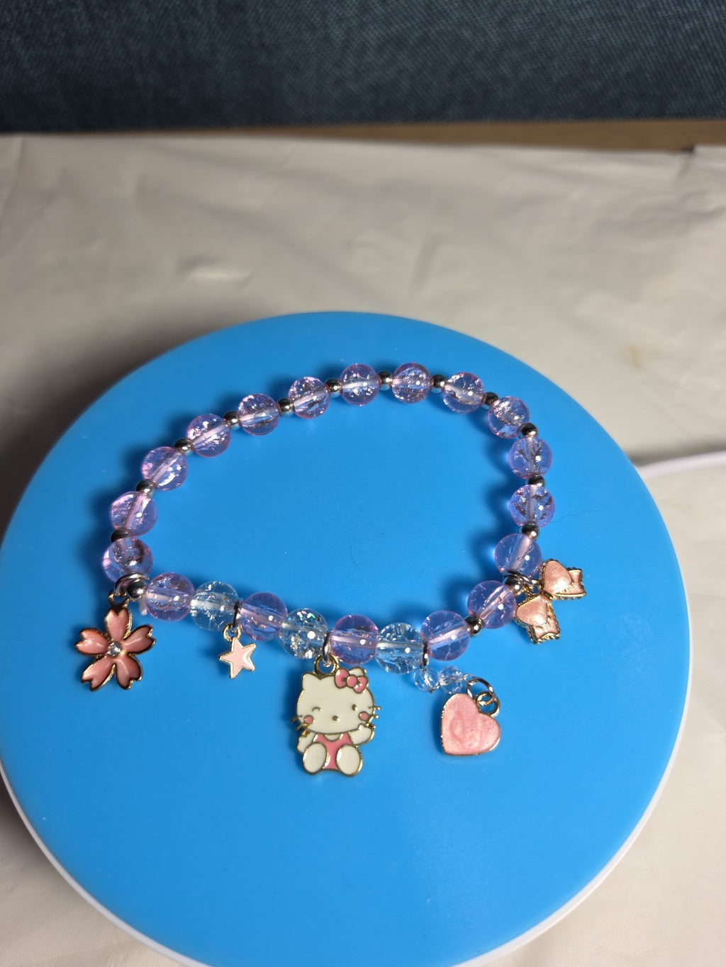 Kawaii Kitty Pink Beaded Stretch Charm Bracelet Y2K