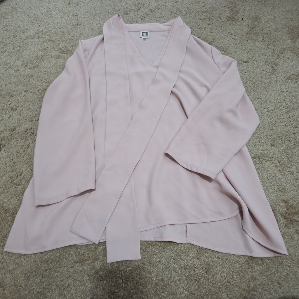 Anne Klein Blouse L Pink Tie Neck V-Neck Long Sleeve Career Top