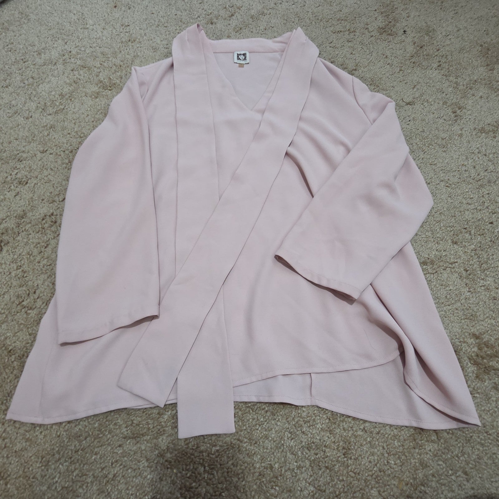 Anne Klein Blouse L Pink Tie Neck V-Neck Long Sleeve Career Top