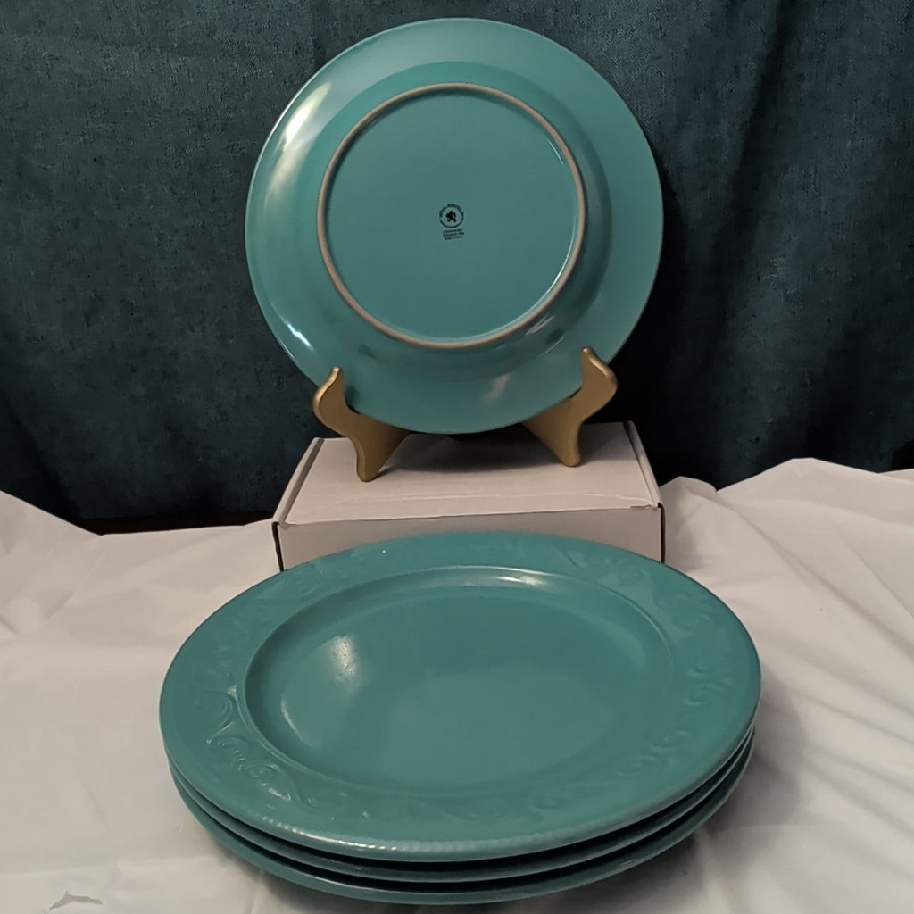 Set of 4 Royal Norfolk Dinner Plates Turquoise Teal Blue Scrolls Rim 10.5"