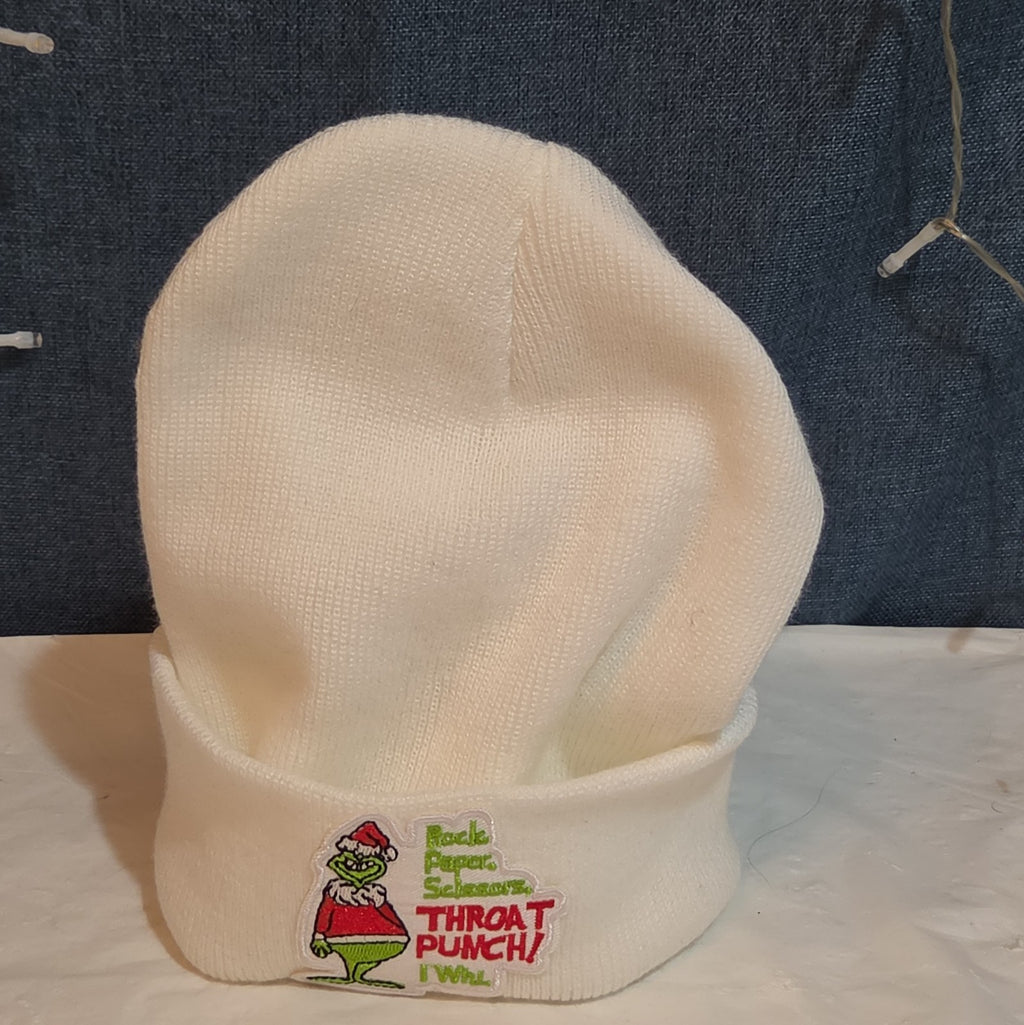 Custom Grinch Throat Punch White Knit Beanie Funny Holiday Hat Brand
