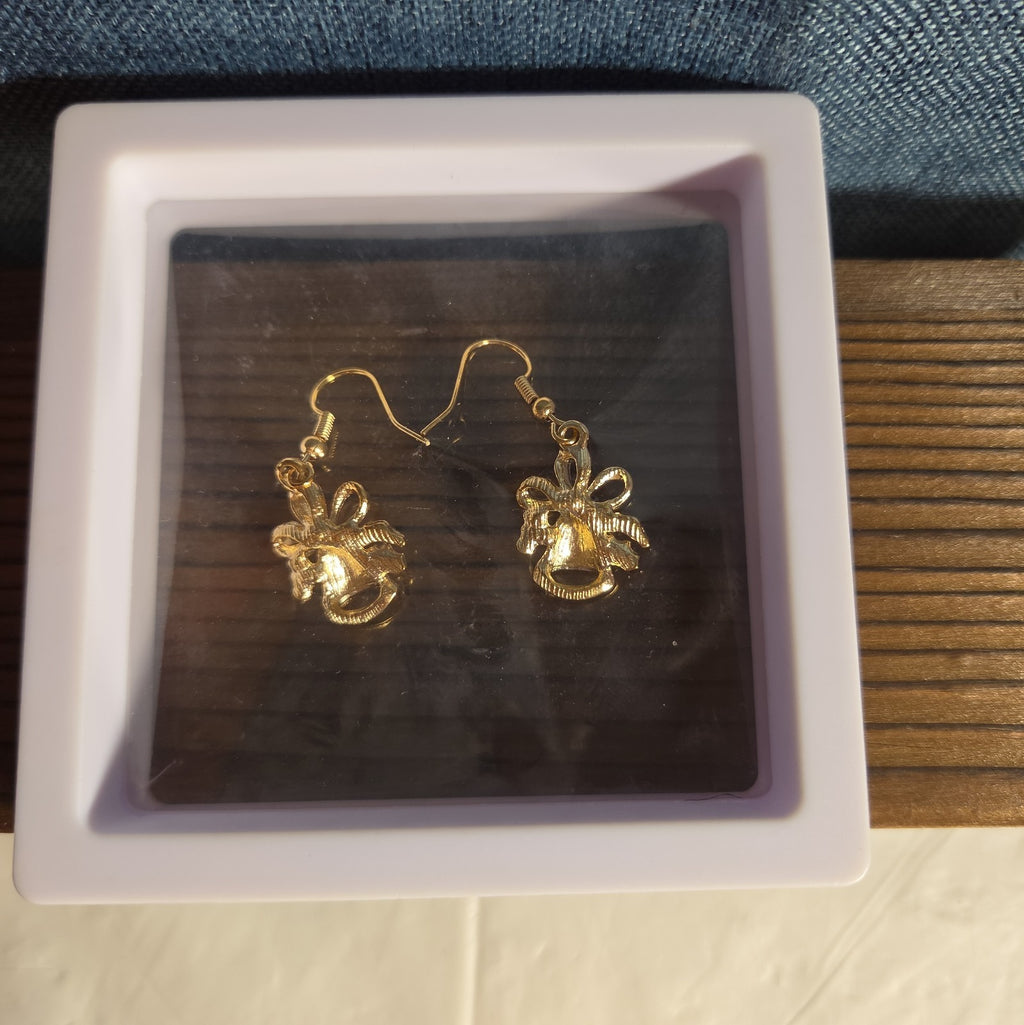 Gold Christmas Bells Drop Earrings 3/4" Red Enamel