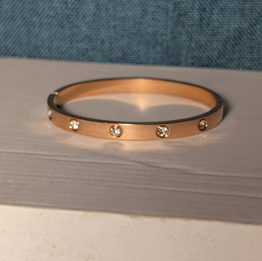 Hinged Bangle Copper Rose Gold Tone Rhinestone