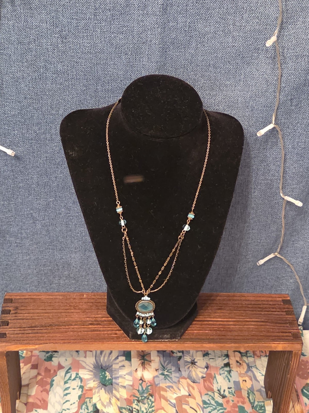 Lia Sophia Blue Bead Double Loop Necklace Antique Gold Tone Boho