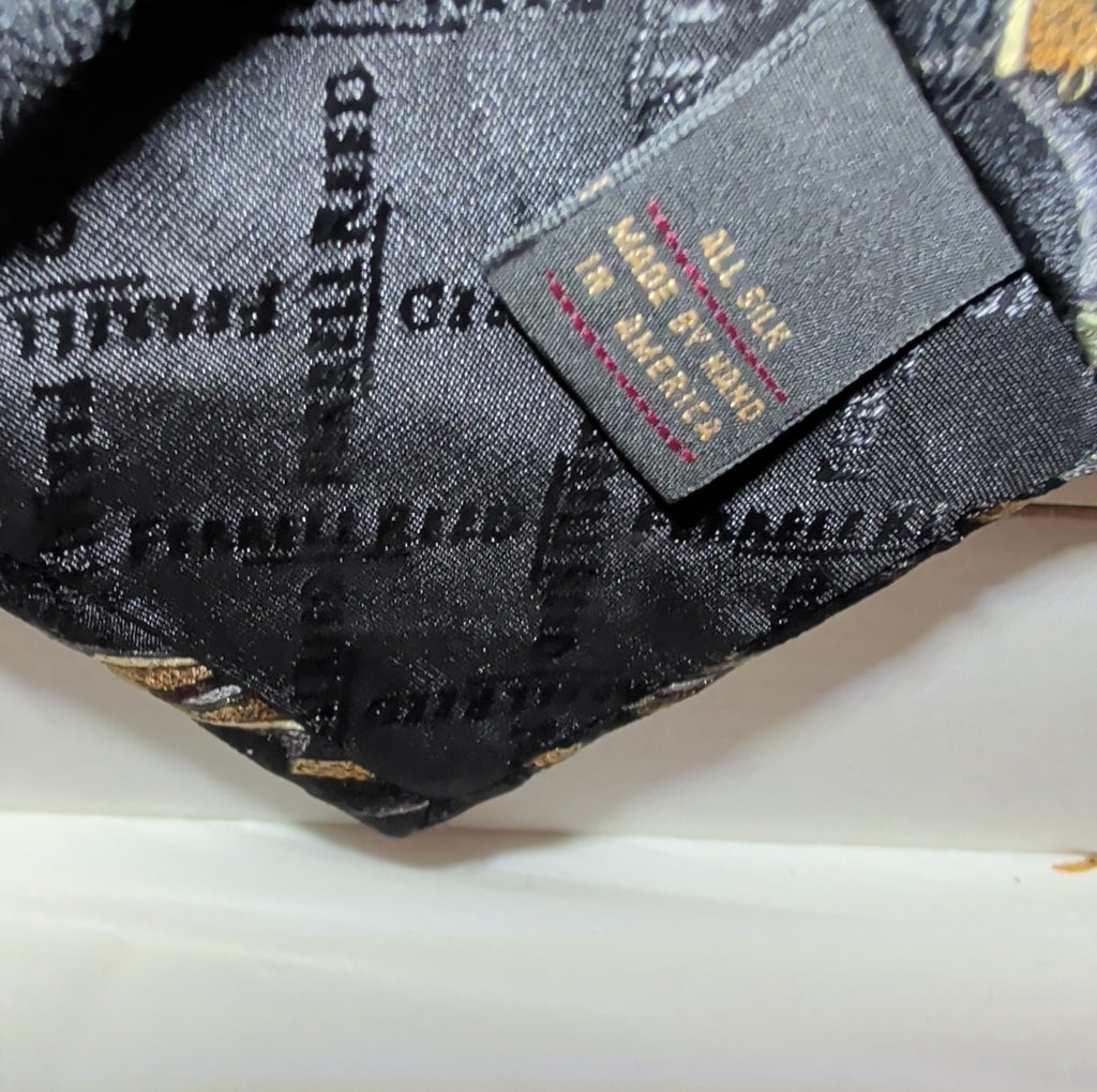 Vtg Ferrell Reed for Edwards Silk Neck Tie Black Gold Geometric Art Deco 59.5