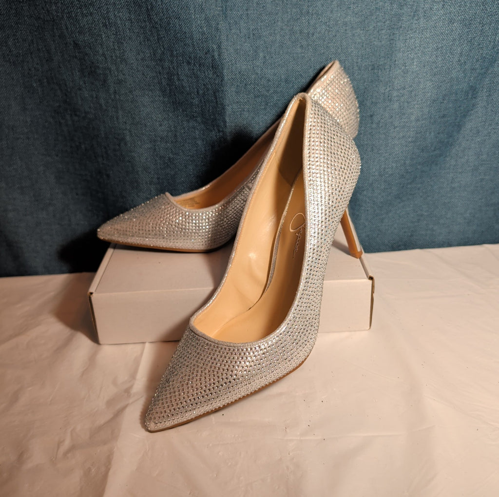Jessica Simpson Lindiza Rhinestone Pumps 8M Silver Sparkly Stiletto Heels 39