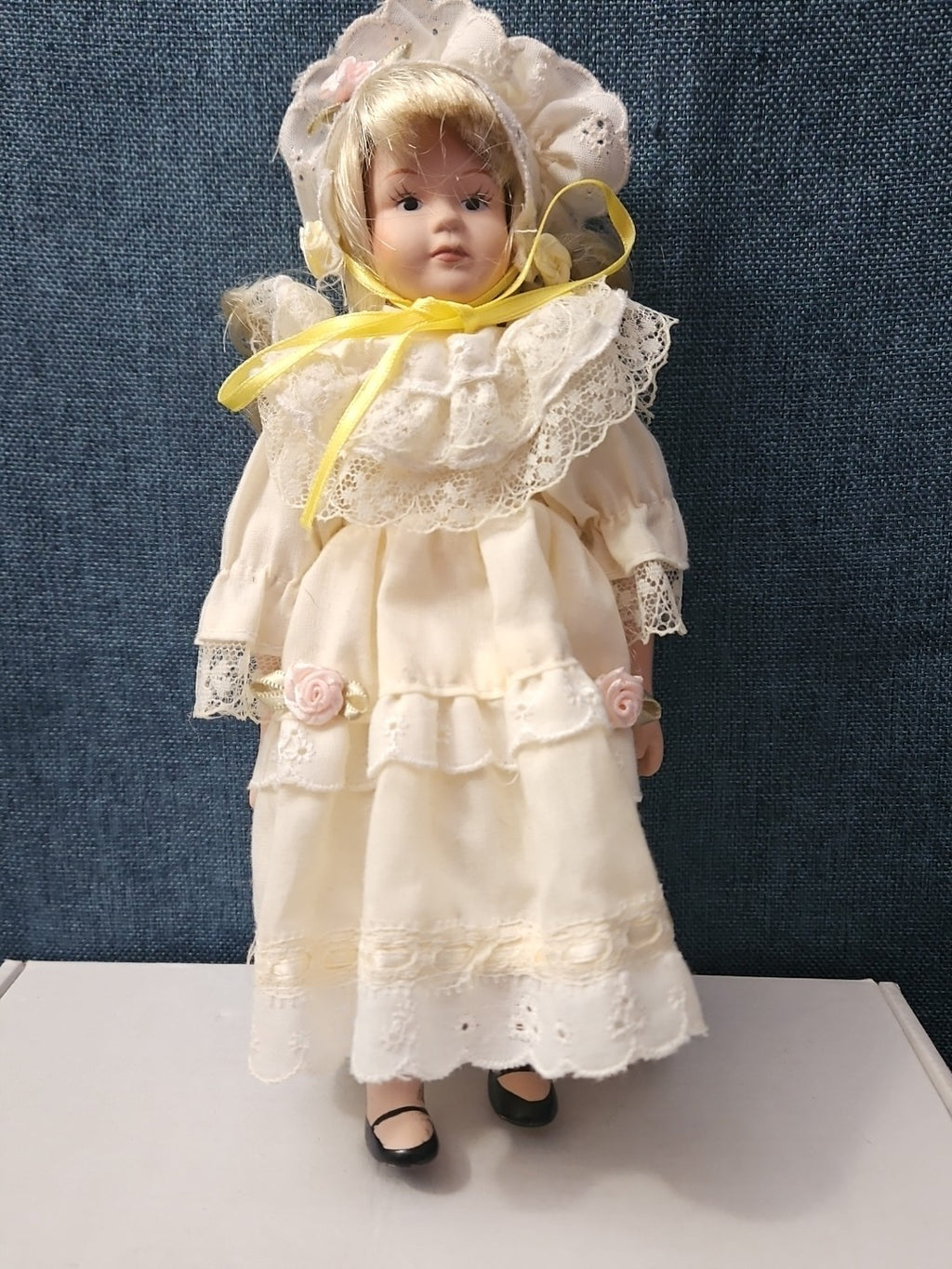 Vintage 8" Porcelain Doll | Blonde with Bonnet & Ruffled Dress