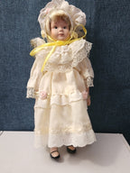 Vintage 8" Porcelain Doll | Blonde with Bonnet & Ruffled Dress