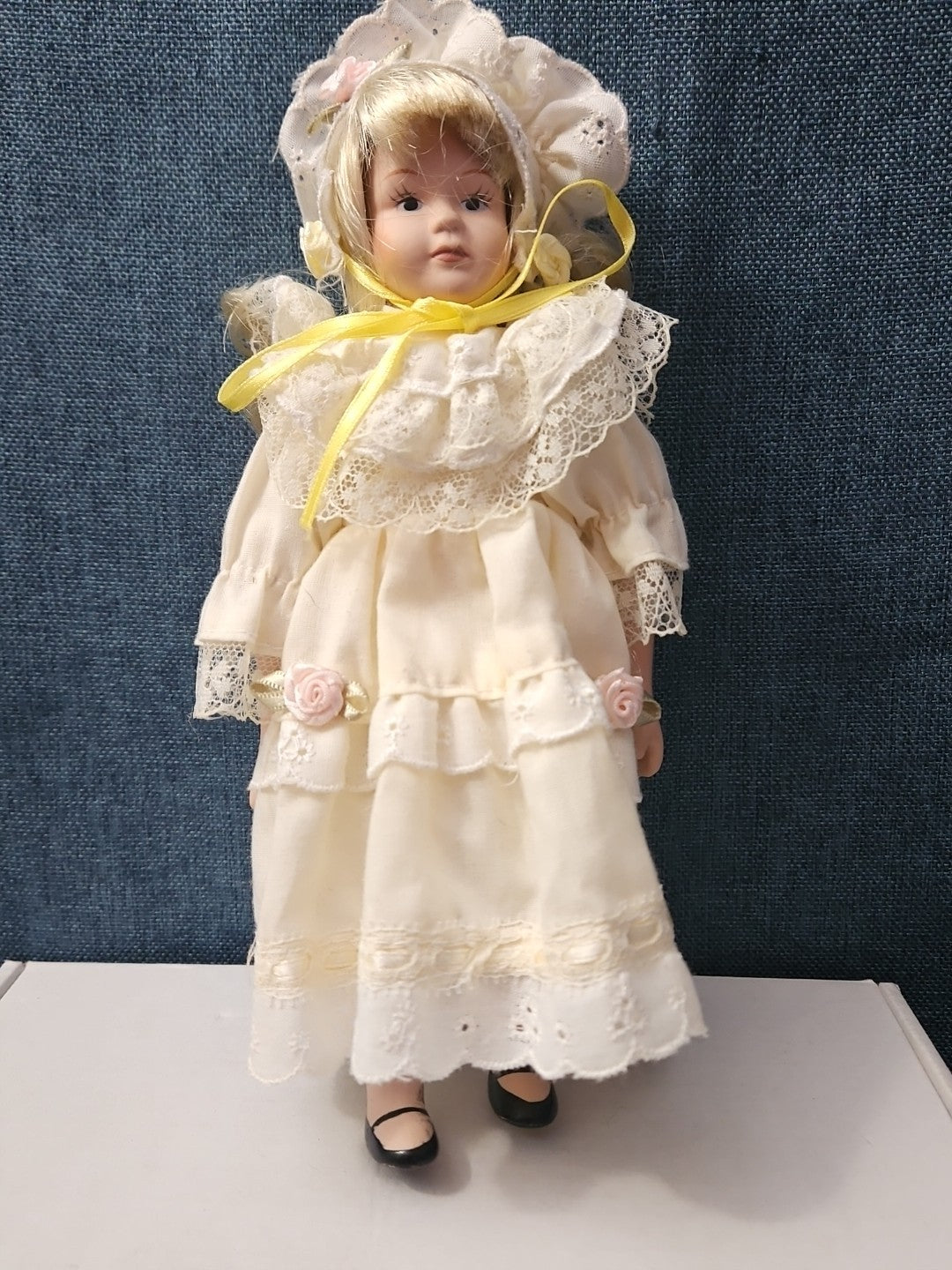 Vintage 8" Porcelain Doll | Blonde with Bonnet & Ruffled Dress
