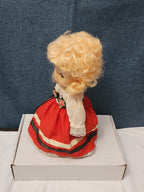 Vintage Heritage Doll Piggy Bank European Folk Costume Blonde Curls Aged Charm
