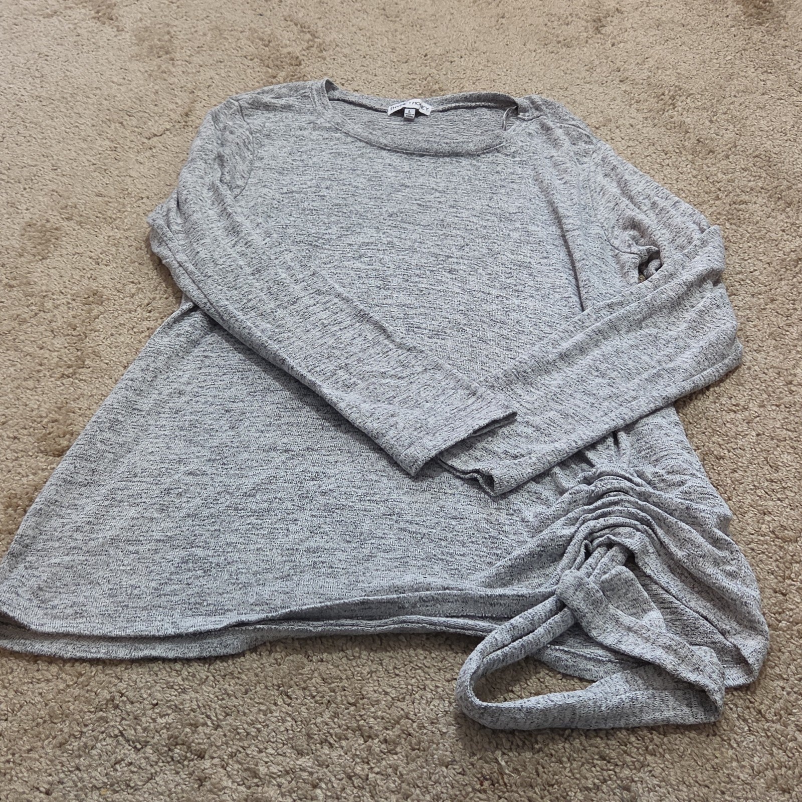 Thyme Honey Blouse Long Sleeve Side Tie Top Gray Heather Knit L