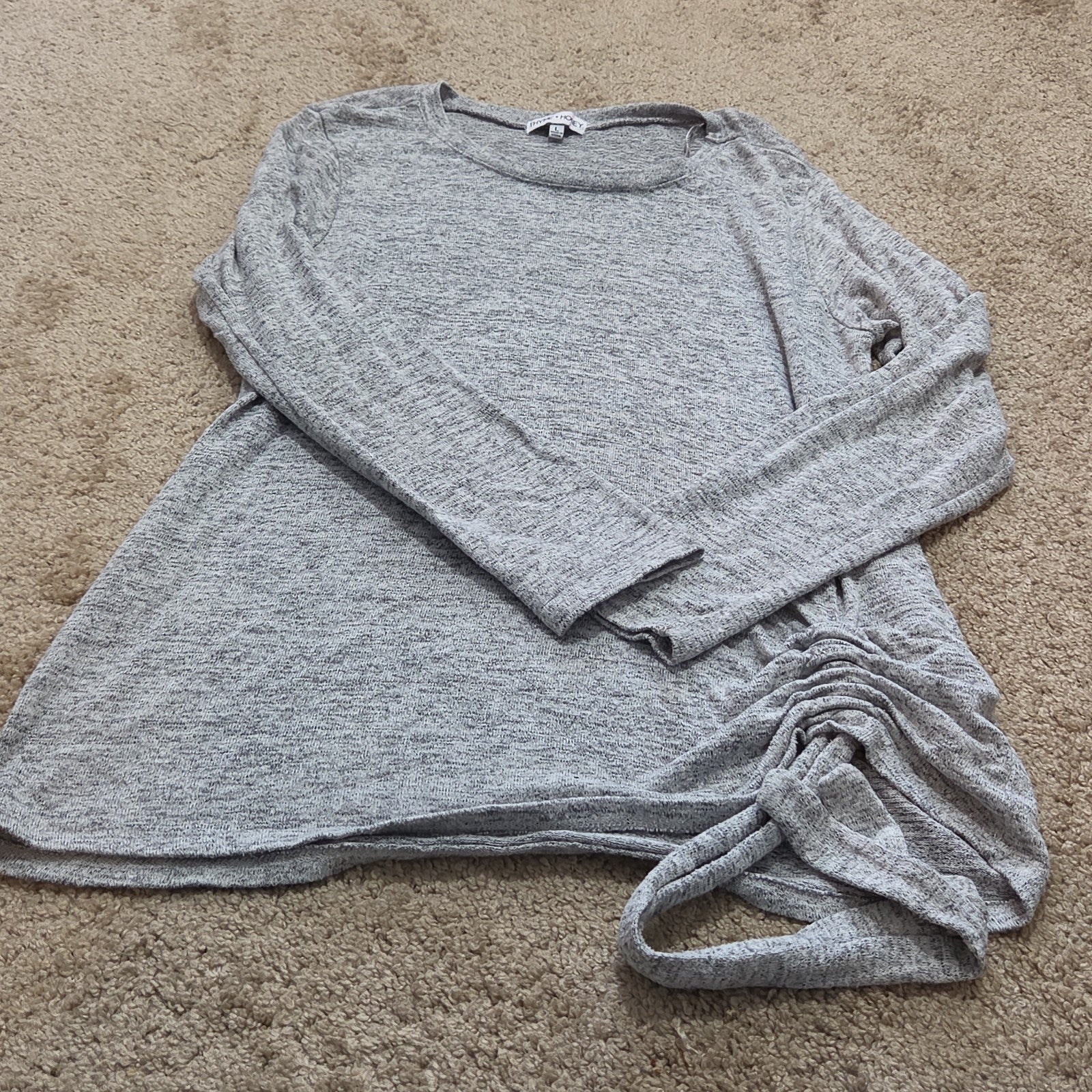 Thyme Honey Blouse Long Sleeve Side Tie Top Gray Heather Knit L