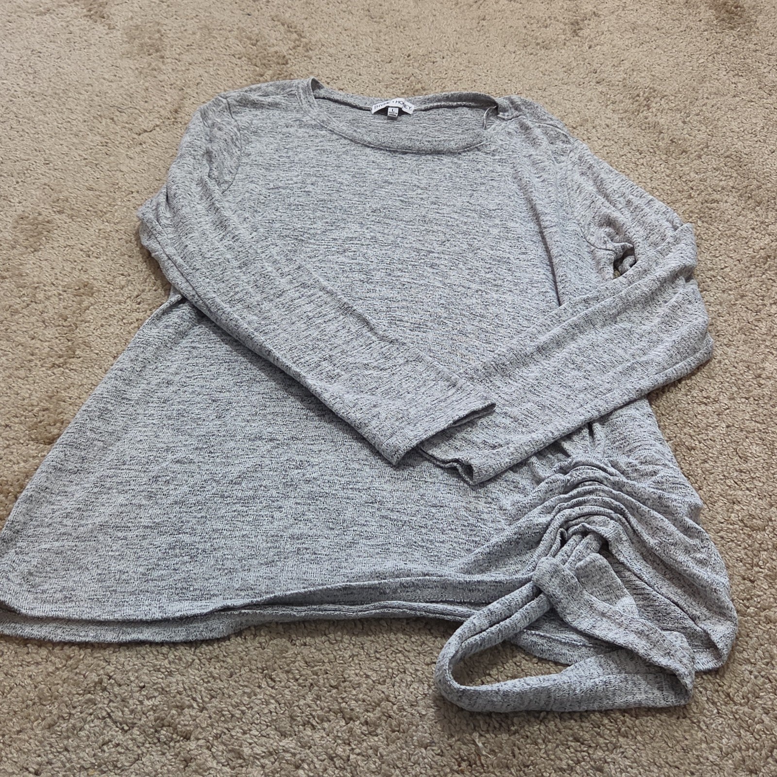 Thyme Honey Blouse Long Sleeve Side Tie Top Gray Heather Knit L