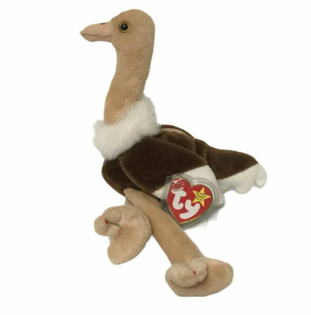TY Beanie Baby Stretch Ostrich Plush PE Pellets 1997 Vintage With Heart Protect